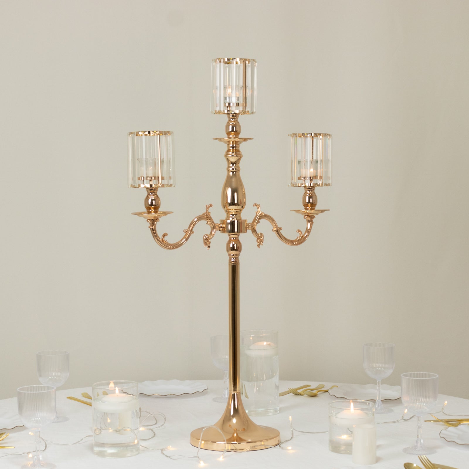 3-Arm Gold Metal Candelabra with Crystal Pendant Glass Shades – 34" Tall Candle Holder for Pillar, LED, and Flameless Candles