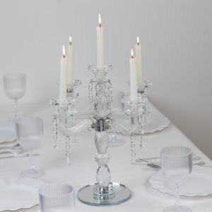 Crystal 5-Arm Candelabra Taper Candle Holder with Hanging Prisms & Round Mirror Base – Faceted Cut Glass Design - 14" Tall