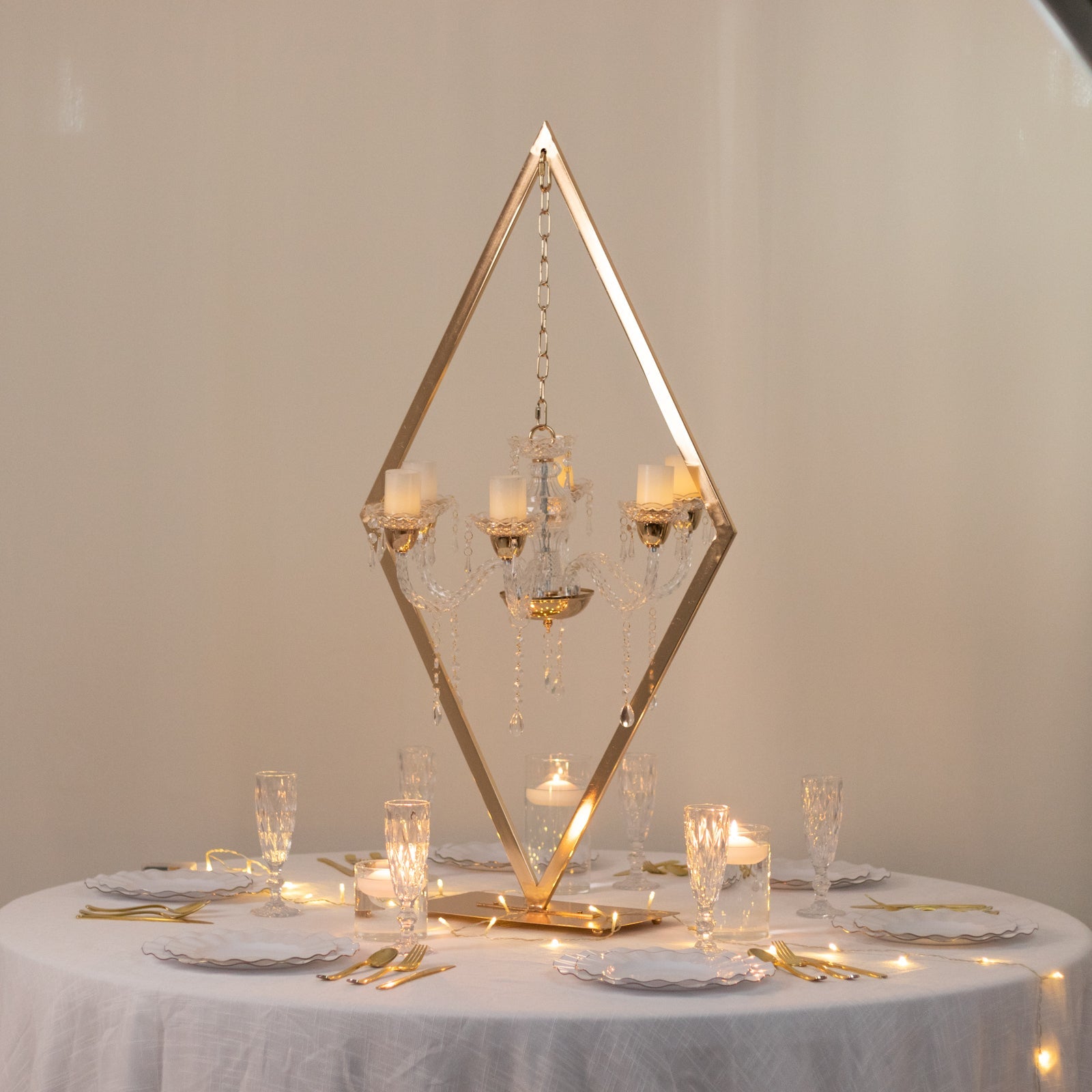 Gold Grand Table Centerpiece with Candle Holders, Diamond Frame 6-Arm Acrylic Candelabra Wedding Table Centerpiece - 45"